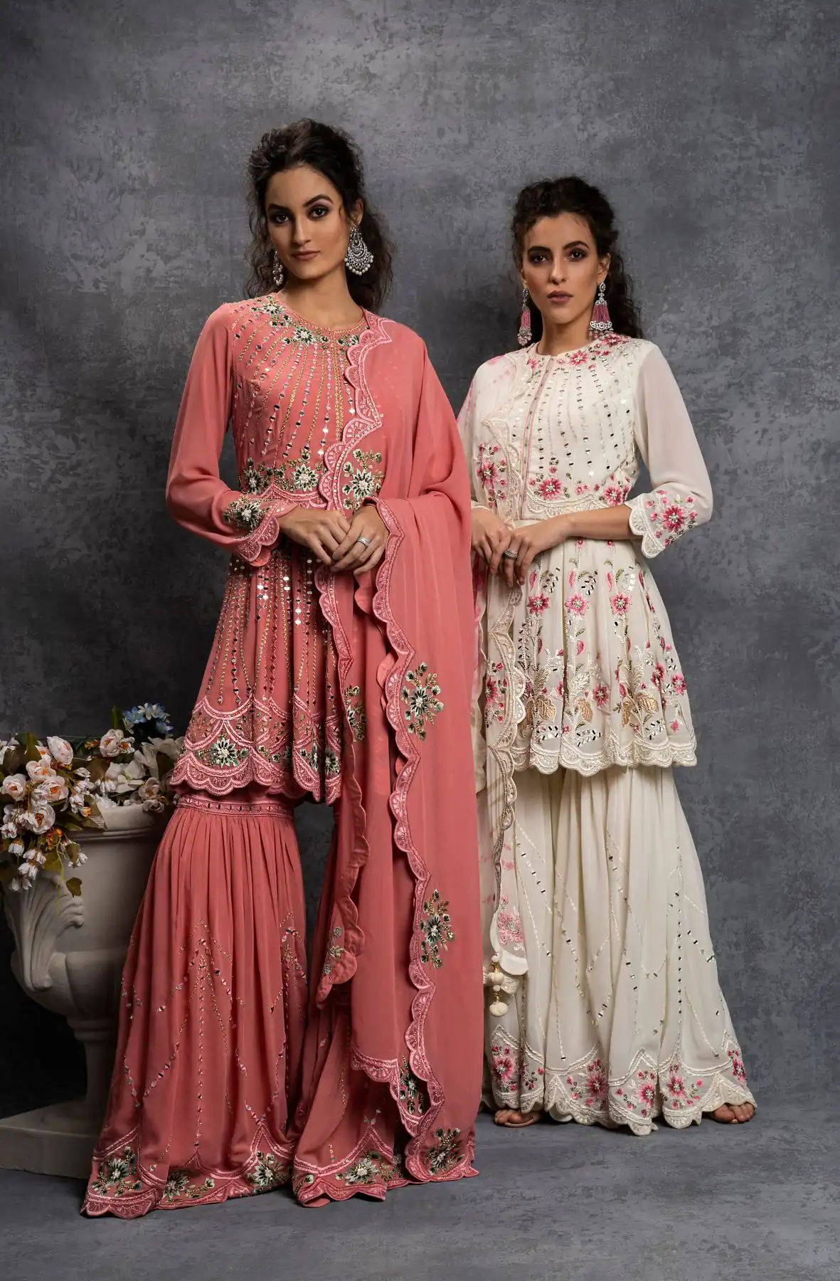 SR 1238 White Top : Heavy Fox Georgette Sharara : Fox Georgette Work : Heavy Embroidery With Real Mirror Work Wedding, Party @1849 Only | Casual Suits, Creative suits, Designer Suits, Palazzo Suits, Party Wear Suits, Salwar suit, Straight Suits