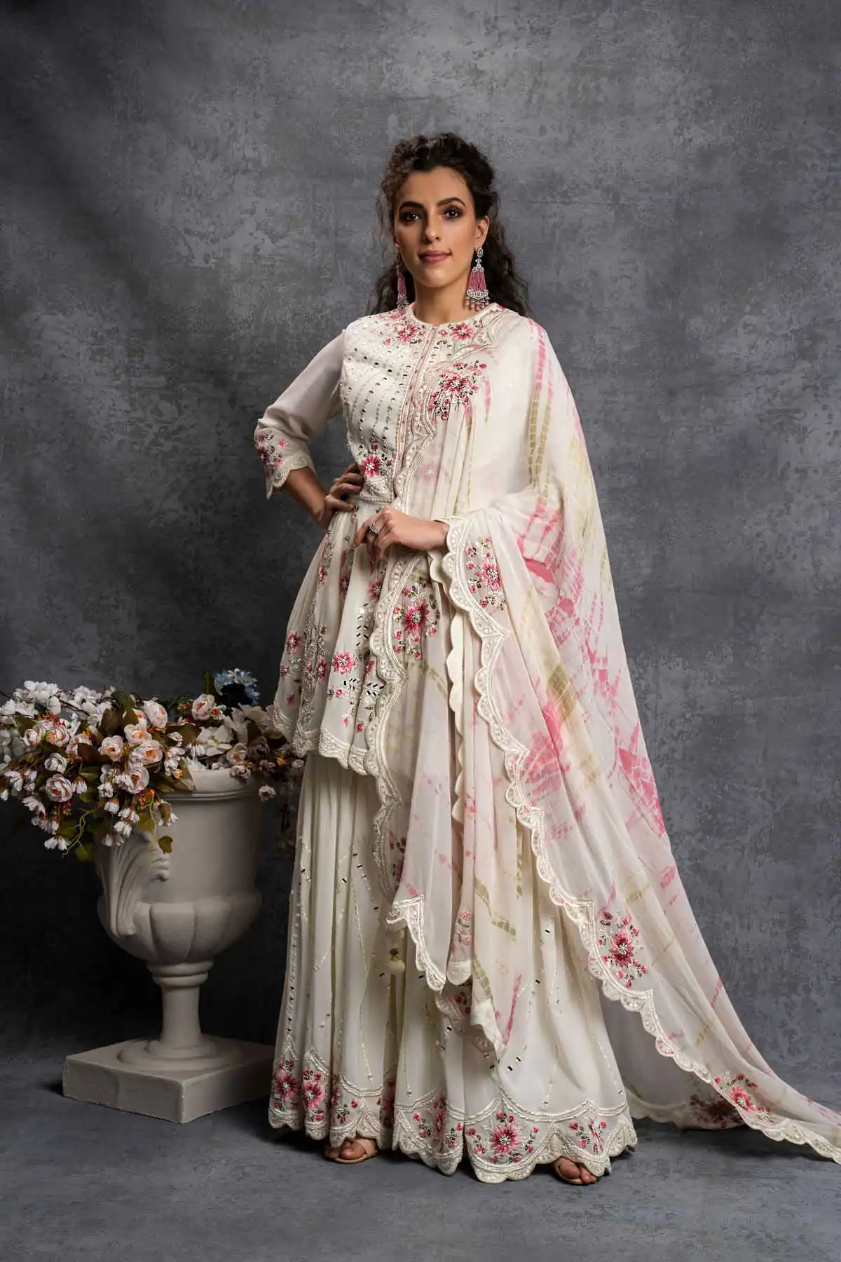 SR 1238 White Top : Heavy Fox Georgette Sharara : Fox Georgette Work : Heavy Embroidery With Real Mirror Work Wedding, Party @1849 Only | Casual Suits, Creative suits, Designer Suits, Palazzo Suits, Party Wear Suits, Salwar suit, Straight Suits