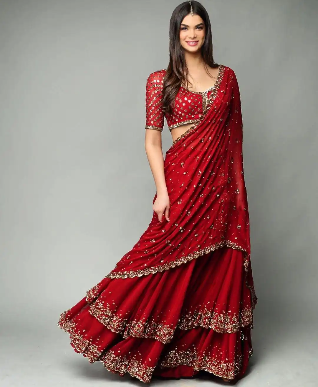 KF 1330 Red Lehenga : Georgette Blouse : Georgette Work : Sequence Embroidery Work With 2 Layer Ruffle Wedding, Party, Festive @2049/- Only | Creative Lehenga, Bollywood Lehenga, Designer Lehenga, Embroidered Lehenga, Lehenga, Party Wear Lehenga