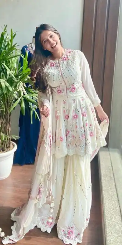 NSR 1238 White Top : Heavy Fox Georgette Sharara : Fox Georgette Work : Heavy Embroidery With Real Mirror Work Wedding, Party @1849 Only | Casual Suits, Creative suits, Designer Suits, Palazzo Suits, Party Wear Suits, Salwar suit, Straight Suits