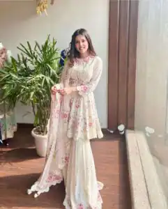 NSR 1238 White Top : Heavy Fox Georgette Sharara : Fox Georgette Work : Heavy Embroidery With Real Mirror Work Wedding, Party @1849 Only | Casual Suits, Creative suits, Designer Suits, Palazzo Suits, Party Wear Suits, Salwar suit, Straight Suits