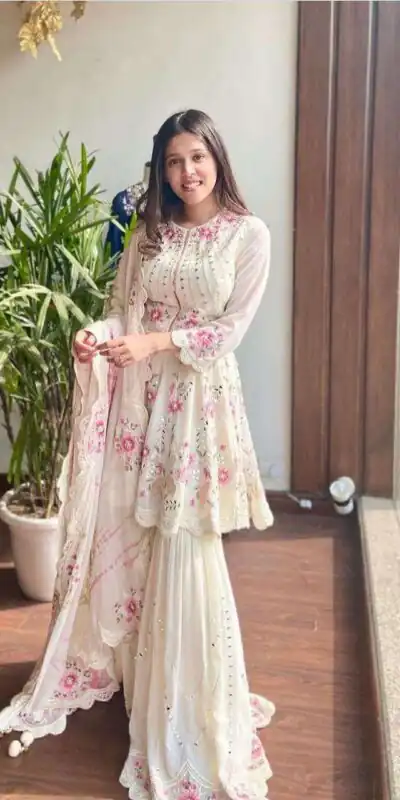 NSR 1238 White Top : Heavy Fox Georgette Sharara : Fox Georgette Work : Heavy Embroidery With Real Mirror Work Wedding, Party @1849 Only | Casual Suits, Creative suits, Designer Suits, Palazzo Suits, Party Wear Suits, Salwar suit, Straight Suits