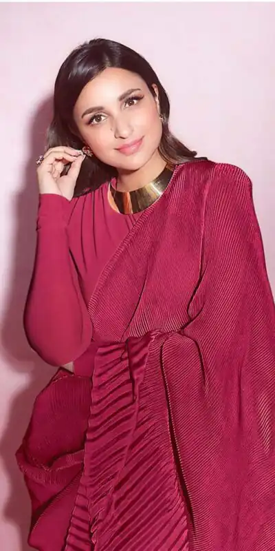 BT 1083 Red Saree : Premium Chinon Silk Work : Pleating Work Casual, Party Wear, Wedding Parineeti Chopra Pleated Saree @1499/- | Bollywood Sarees, Creative Sarees, Designer Sarees, Embroidered Sarees, Party Wear Sarees, Sarees