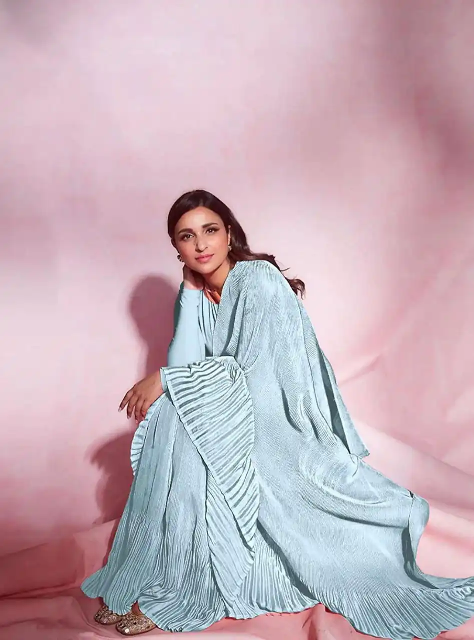 BT 1083 Sky Blue Saree : Premium Chinon Silk Work : Dazzling Pleating Work Casual, Party Wear, Wedding Parineeti Chopra Pleated Saree @1499/- | Bollywood Sarees, Creative Sarees, Designer Sarees, Embroidered Sarees, Party Wear Sarees, Sarees