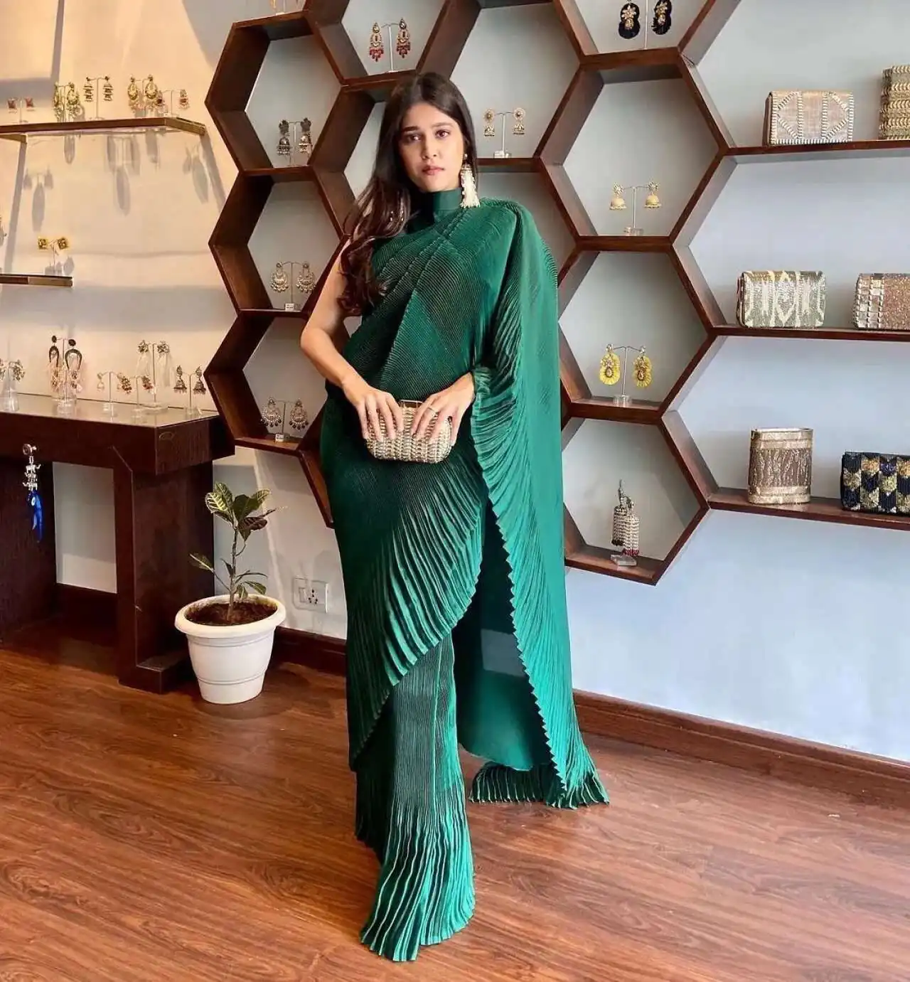 SN 706 Green Saree : Japan Satin Silk Work : Fancy Pleating Work Casual, Party Wear, Wedding Awesome Look In Green Saree @1399/- | Bollywood Sarees, Creative Sarees, Designer Sarees, Embroidered Sarees, Ethnic Saree, Modern Digital sarees, Party Wear Sarees, Sarees