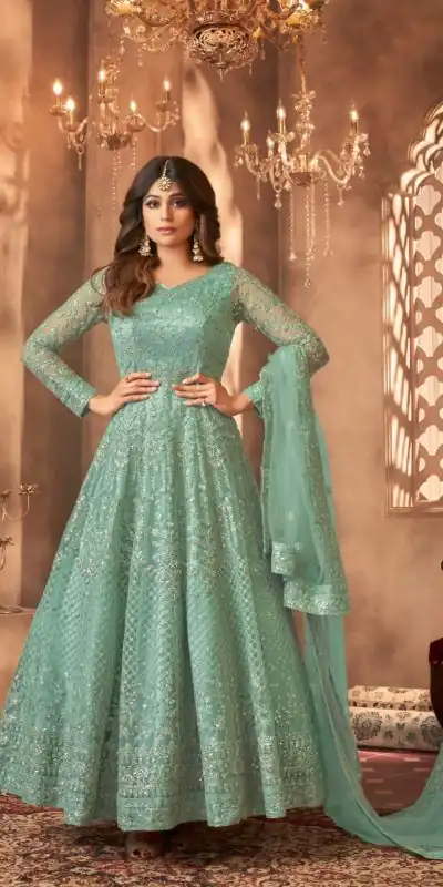 Beautiful Sky-blue Color Sequence With Embroidery Work Gown