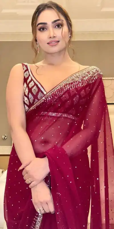 BT 3054 Maroon Saree : Georgette Work : Embroidery Sequence Work, Blouse : Banglory Silk Party Wear, Wedding Wear, Events Etc.@1749/- | Bollywood Sarees, Creative Sarees, Designer Sarees, Ethnic Saree, Modern Digital sarees, Party Wear Sarees, Sarees