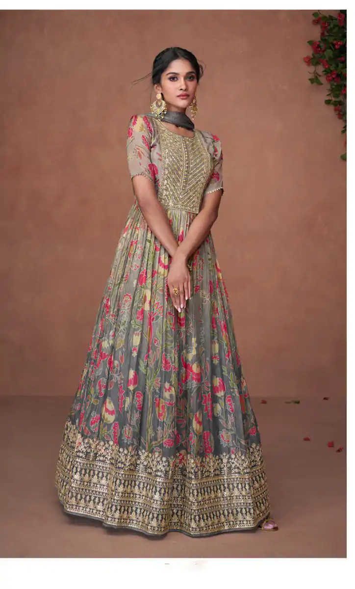 FC Sayuri  5301 Grey Gown Premium Organza Print Silk with Embroidery And Sequence Work Classic Anarkali Suit Wedding, Party, Festive @2499/- Only | Anarkali Suits, Bollywood Anarkali, Creative-Anarkali, Designer Anarkali, Embroidered Anarkali, Gowns, Party Wear Anarkali