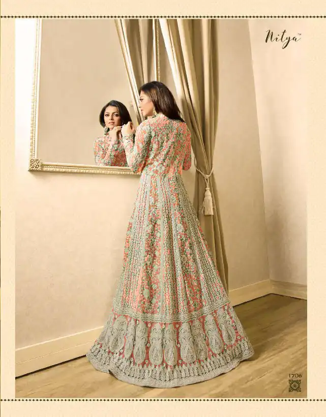LT 1706 OrangeColor: OrangeFabrics: Top Fabric :Georgette Bottom Fabric : Santoon Dupatta Fabric : NazmeenStitch Type: Semi-Sttiched | Anarkali Suits, Bollywood Anarkali, Creative-Anarkali, Designer Anarkali, Embroidered Anarkali, Party Wear Anarkali