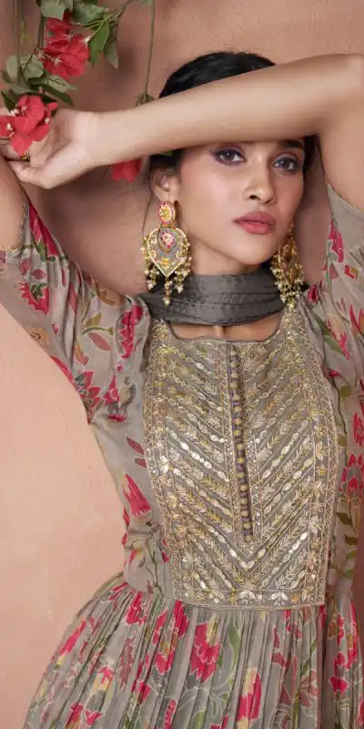 FC Sayuri 5301 Grey Gown Premium Organza Print Silk with Embroidery And Sequence Work Classic Anarkali Suit Wedding, Party, Festive @2499/- Only | Anarkali Suits, Bollywood Anarkali, Creative-Anarkali, Designer Anarkali, Embroidered Anarkali, Gowns, Party Wear Anarkali