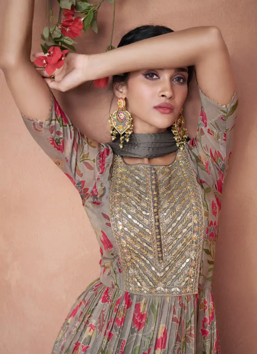 FC Sayuri  5301 Grey Gown Premium Organza Print Silk with Embroidery And Sequence Work Classic Anarkali Suit Wedding, Party, Festive @2499/- Only | Anarkali Suits, Bollywood Anarkali, Creative-Anarkali, Designer Anarkali, Embroidered Anarkali, Gowns, Party Wear Anarkali
