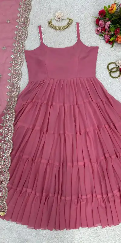 ZSR 5547 Pink Color Gown : Fox Georgette Work : Embroidery Sequence Work Inner : Micro Cotton Traditional Wear, Wedding, Festive, Events. @2599/- | Bollywood Gowns, Creative Gowns, Designer Gowns, Embroidered Gowns, Gowns, Party Wear Gowns