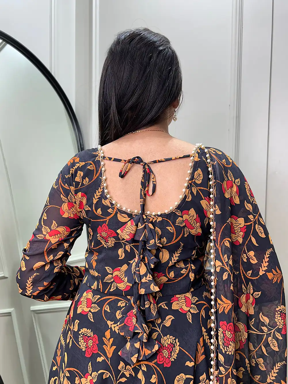 YNF 5003 Black Color Georgette Floral Printed Gown With Pearl Lace Border Dupatta Casual, Wedding, Party, Festive, Events Etc. 4-6 Working Days 1849/- | Bollywood Gowns, Creative Gowns, Designer Gowns, Embroidered Gowns, Gowns, Party Wear Gowns