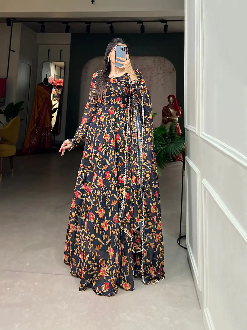 YNF 5003 Black Color Georgette Floral Printed Gown With Pearl Lace Border Dupatta Casual, Wedding, Party, Festive, Events Etc. 4-6 Working Days 1849/- | Bollywood Gowns, Creative Gowns, Designer Gowns, Embroidered Gowns, Gowns, Party Wear Gowns