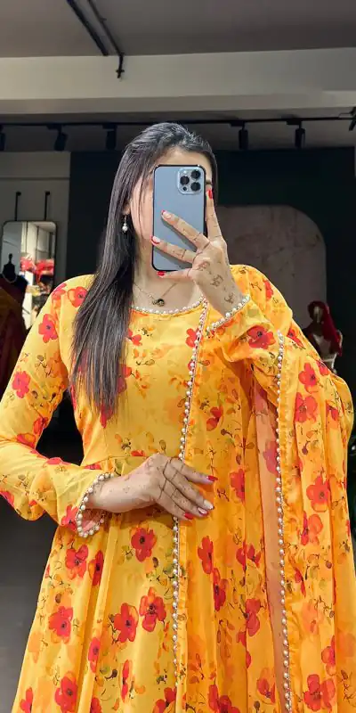 YNF 5003 Yellow Color Georgette Floral Printed Gown With Pearl Lace Border Dupatta Casual, Wedding, Party, Festive, Events Etc. 4-6 Working Days 1849/- | Bollywood Gowns, Creative Gowns, Designer Gowns, Embroidered Gowns, Gowns, Party Wear Gowns