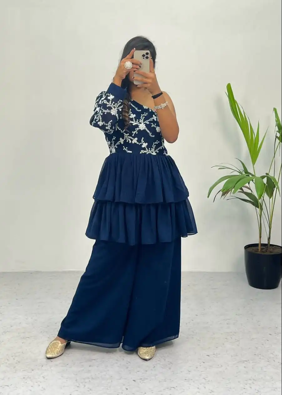 RC 263 Blue Heavy Georgette Embroidery Sequence Work Plazzo Suit Casual, Wedding, Party, Festive, Events Etc. Expected Delivery  4-6 Working Days @1749 | Casual Suits, Creative suits, Designer Suits, Palazzo Suits, Party Wear Suits, Salwar suit, Straight Suits