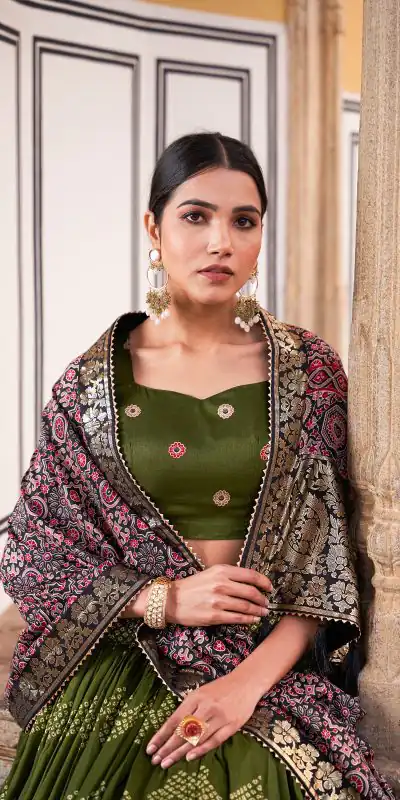 LNB 1614 Green Color Tussar Silk Dot And Ajarakh & Drawstring With Foil Printed & Heavy Tassels Lehenga Choli   Expected Delivery 4-6 Working Days 2449/- | Bollywood Lehenga, Creative Lehenga, Designer Lehenga, Embroidered Lehenga, Lehenga, Party Wear Lehenga