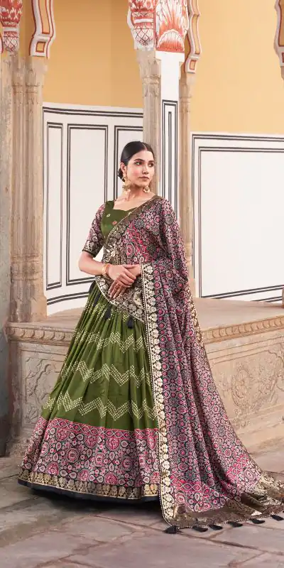 LNB 1614 Green Color Tussar Silk Dot And Ajarakh & Drawstring With Foil Printed & Heavy Tassels Lehenga Choli   Expected Delivery 4-6 Working Days 2449/- | Bollywood Lehenga, Creative Lehenga, Designer Lehenga, Embroidered Lehenga, Lehenga, Party Wear Lehenga