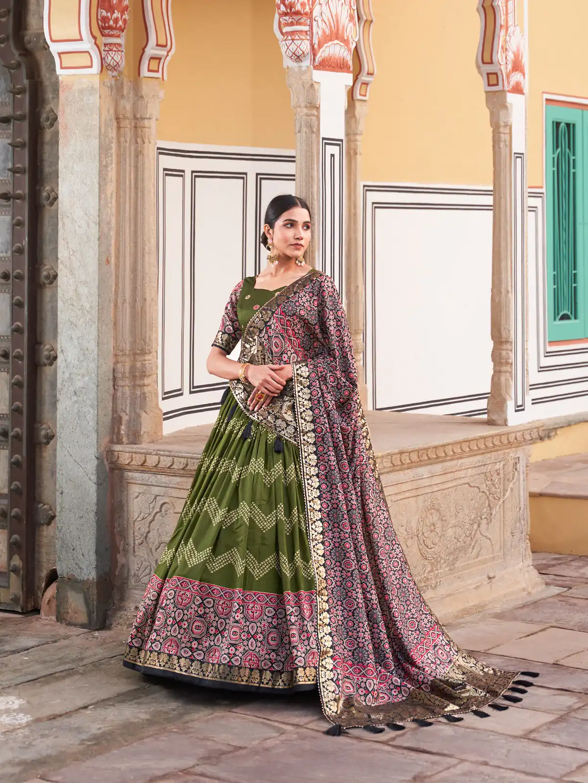 LNB 1614 Green Color Tussar Silk Dot And Ajarakh & Drawstring With Foil Printed & Heavy Tassels Lehenga Choli   Expected Delivery 4-6 Working Days 2449/- | Bollywood Lehenga, Creative Lehenga, Designer Lehenga, Embroidered Lehenga, Lehenga, Party Wear Lehenga