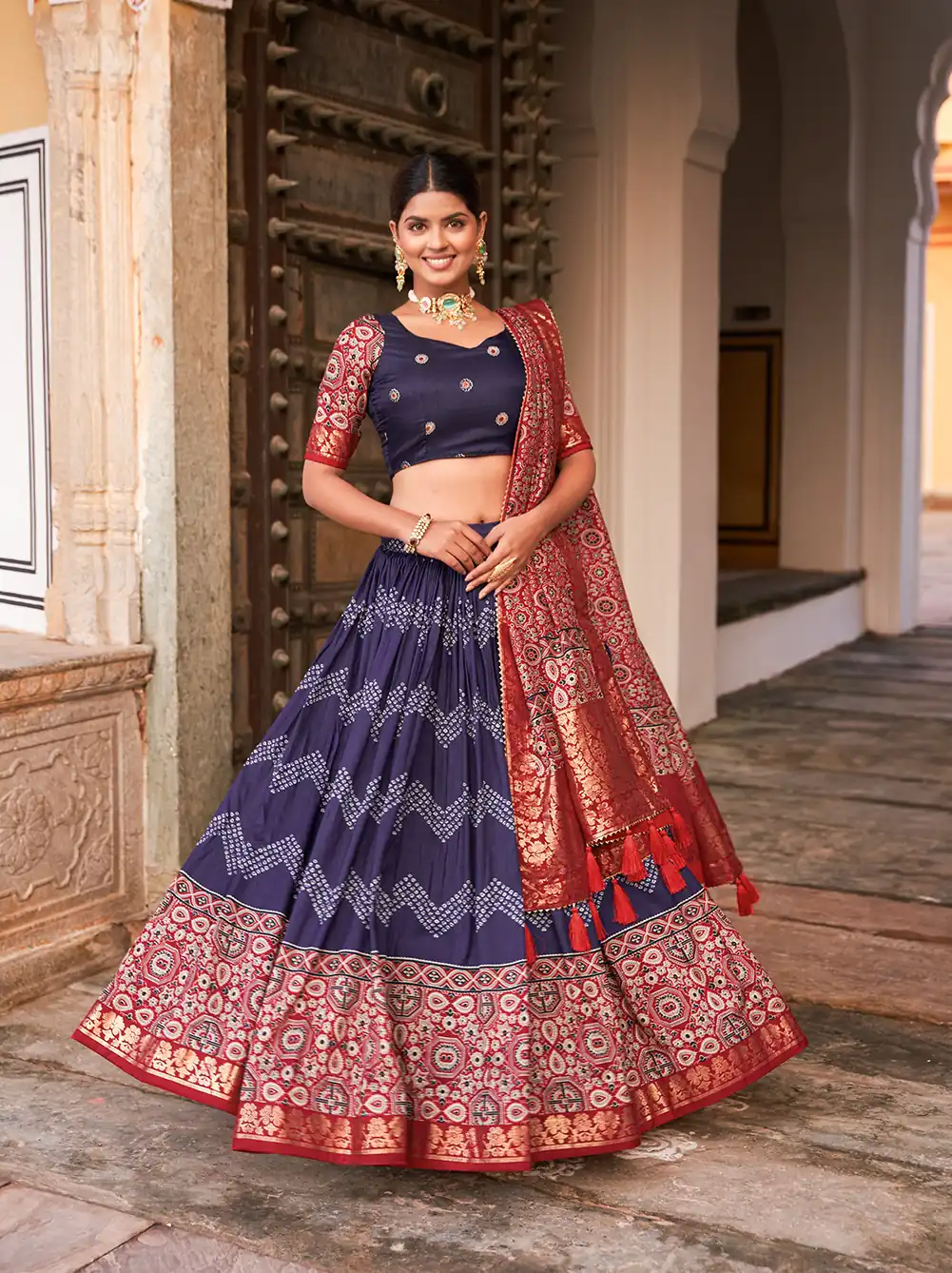 LNB 1614 Navy Blue Color Tussar Silk Dot And Ajarakh & Drawstring With Foil Printed & Heavy Tassels Lehenga Choli   Expected Delivery 4-6 Working Days 2449/- | Bollywood Lehenga, Creative Lehenga, Designer Lehenga, Embroidered Lehenga, Lehenga, Party Wear Lehenga