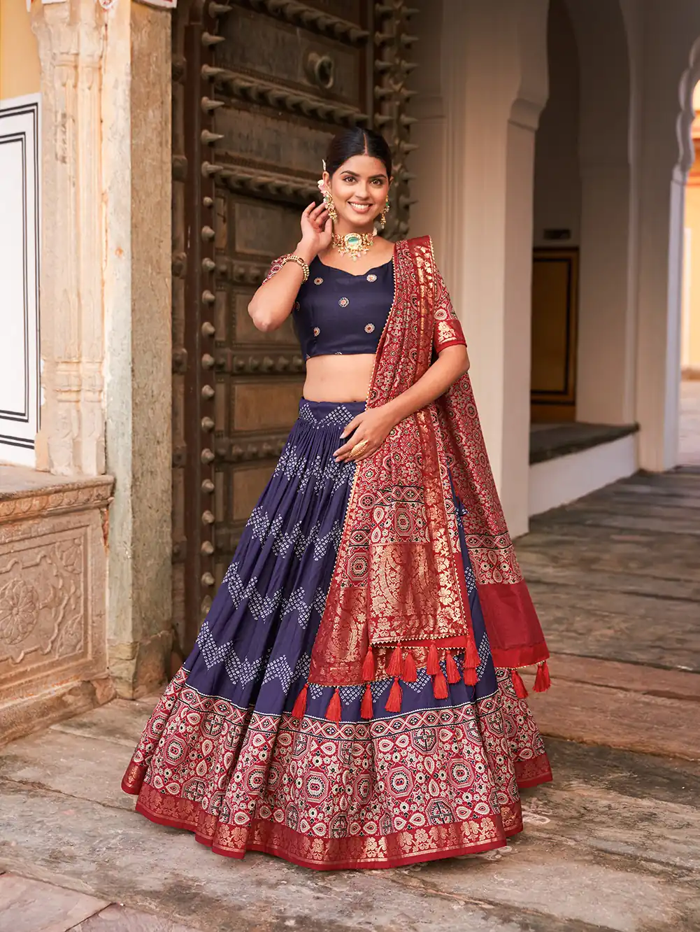 LNB 1614 Navy Blue Color Tussar Silk Dot And Ajarakh & Drawstring With Foil Printed & Heavy Tassels Lehenga Choli   Expected Delivery 4-6 Working Days 2449/- | Bollywood Lehenga, Creative Lehenga, Designer Lehenga, Embroidered Lehenga, Lehenga, Party Wear Lehenga