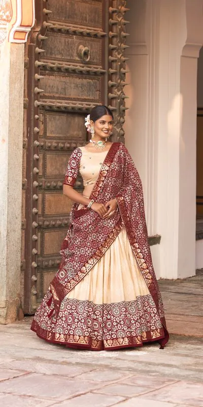 LNB 1614 Off White Color Tussar Silk Dot And Ajarakh & Drawstring With Foil Printed & Heavy Tassels Lehenga Choli   Expected Delivery 4-6 Working Days 2449/- | Bollywood Lehenga, Creative Lehenga, Designer Lehenga, Embroidered Lehenga, Lehenga, Party Wear Lehenga