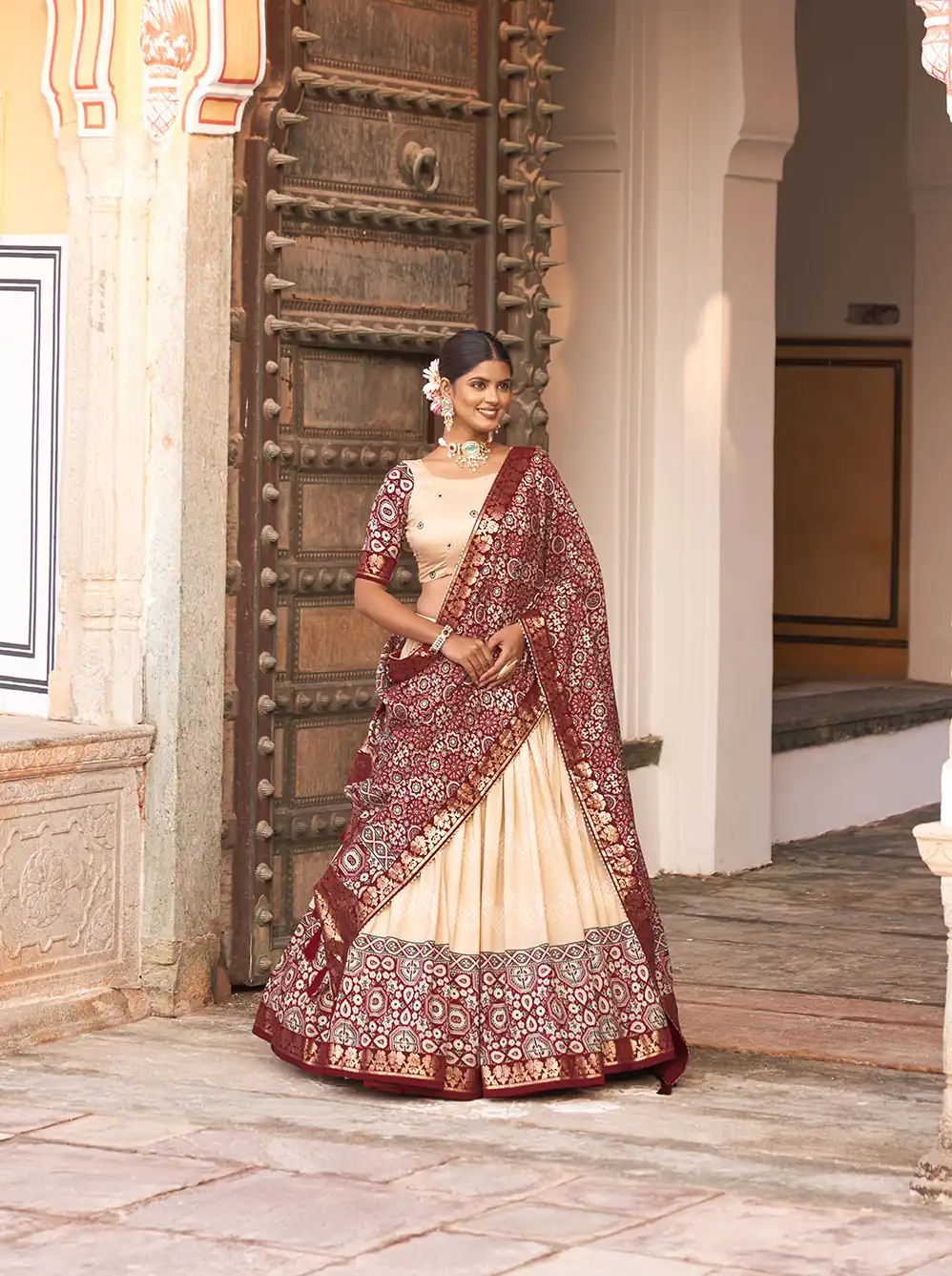 LNB 1614 Off White Color Tussar Silk Dot And Ajarakh & Drawstring With Foil Printed & Heavy Tassels Lehenga Choli   Expected Delivery 4-6 Working Days 2449/- | Bollywood Lehenga, Creative Lehenga, Designer Lehenga, Embroidered Lehenga, Lehenga, Party Wear Lehenga