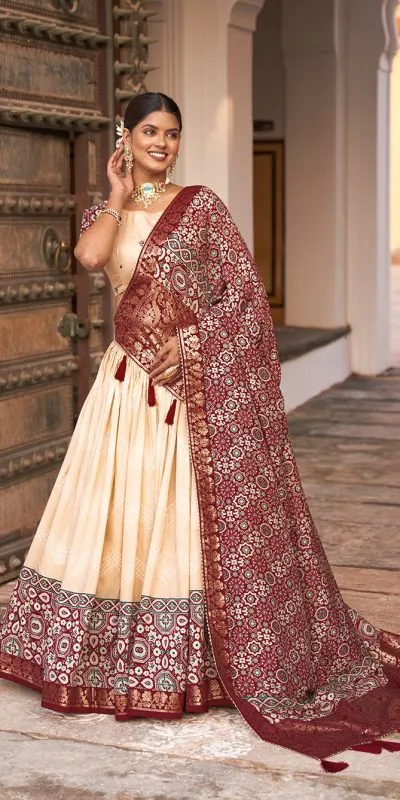 LNB 1614 Off White Color Tussar Silk Dot And Ajarakh & Drawstring With Foil Printed & Heavy Tassels Lehenga Choli   Expected Delivery 4-6 Working Days 2449/- | Bollywood Lehenga, Creative Lehenga, Designer Lehenga, Embroidered Lehenga, Lehenga, Party Wear Lehenga
