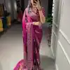 Stylish Purple Color Semi Gaji Satin Printing with Foil Work Saree