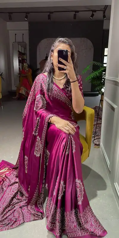 YNF 7803 Purple Color Semi Gaji Satin Printing with Foil Work Saree Casual, Party Wear, Wedding, Events Etc. Expected Delivery 4-6 Working Days 1499/- | Bollywood Sarees, Creative Sarees, Designer Sarees, Ethnic Saree, Modern Digital sarees, Party Wear Sarees, Sarees