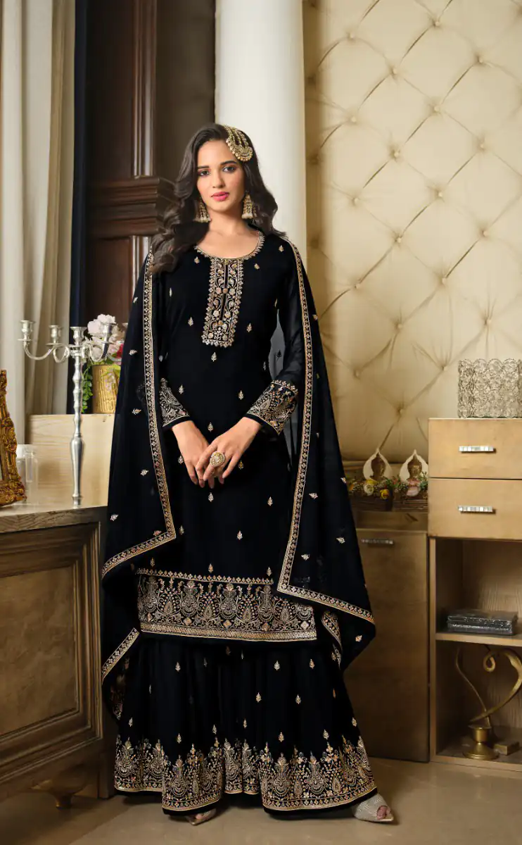 DS LT 8301 Black color Georgette Embroidery Sequence Work Sharara Suit Wedding, Festive, Events Etc. Expected Delivery 4-6 Working Days @2149/- | Casual Suits, Jump Suits, Creative suits, Designer Suits, Palazzo Suits, Party Wear Suits, Patiala Suits, Salwar suit, Straight Suits
