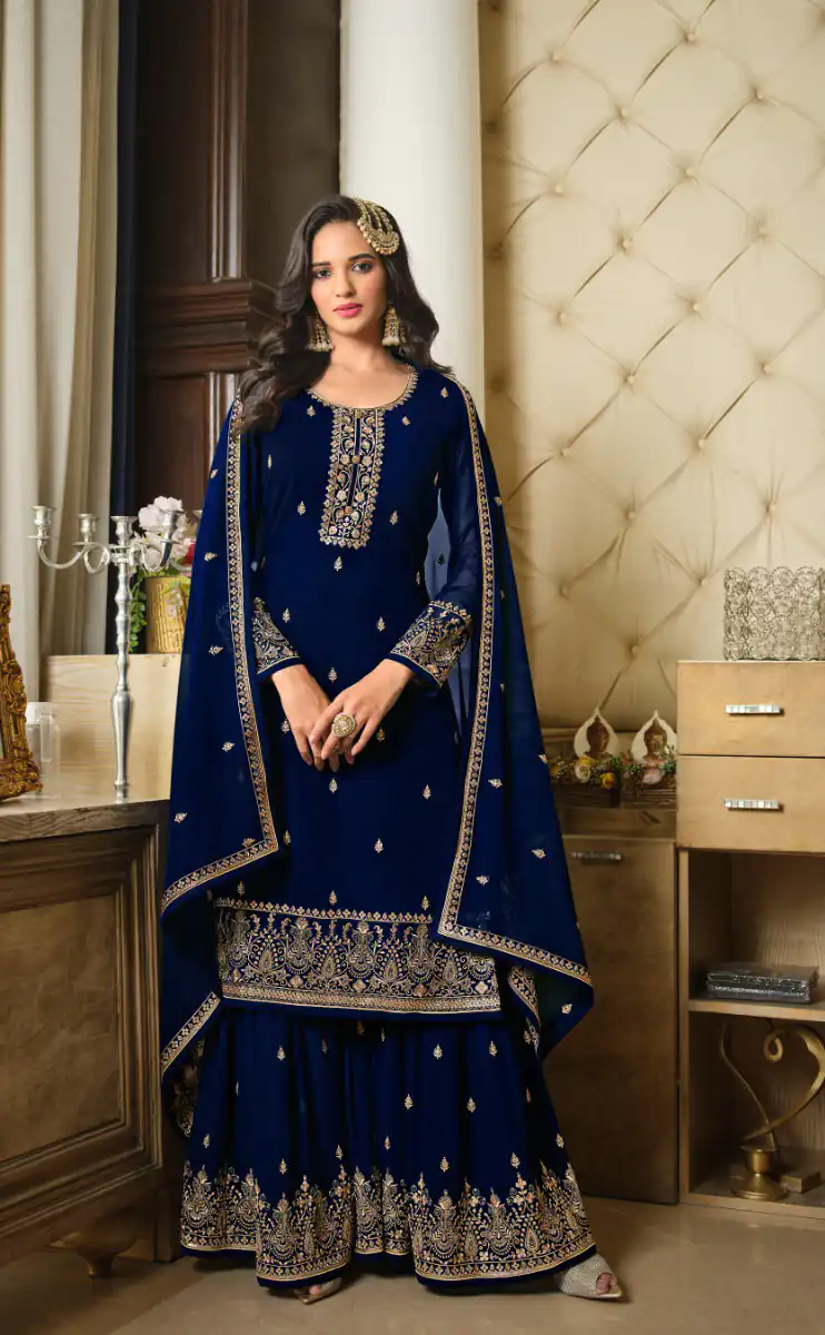 DS LT 8301 Blue color Georgette Embroidery Sequence Work Sharara Suit Wedding, Festive, Events Etc. Expected Delivery 4-6 Working Days @2149/- | Casual Suits, Jump Suits, Creative suits, Designer Suits, Palazzo Suits, Party Wear Suits, Patiala Suits, Salwar suit, Straight Suits