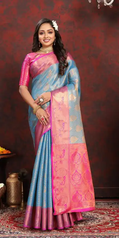 MB™3269 Blue Color Lichi Silk Gold, Silver Zari Weaving Saree Casual, Party Wear, Wedding, Events, Festival, Etc. Expected Delivery 4-6 Working Days @1599/- | Bollywood Sarees, Creative Sarees, Designer Sarees, Embroidered Sarees, Ethnic Saree, Modern Digital sarees, Party Wear Sarees, Sarees