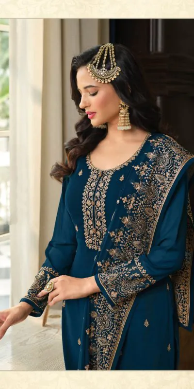 DS LT 8301 Peacock Blue color Georgette Embroidery Sequence Work Sharara Suit Wedding, Festive, Events Etc. Expected Delivery 4-6 Working Days @2149/- | Casual Suits, Jump Suits, Creative suits, Designer Suits, Palazzo Suits, Party Wear Suits, Patiala Suits, Salwar suit, Straight Suits