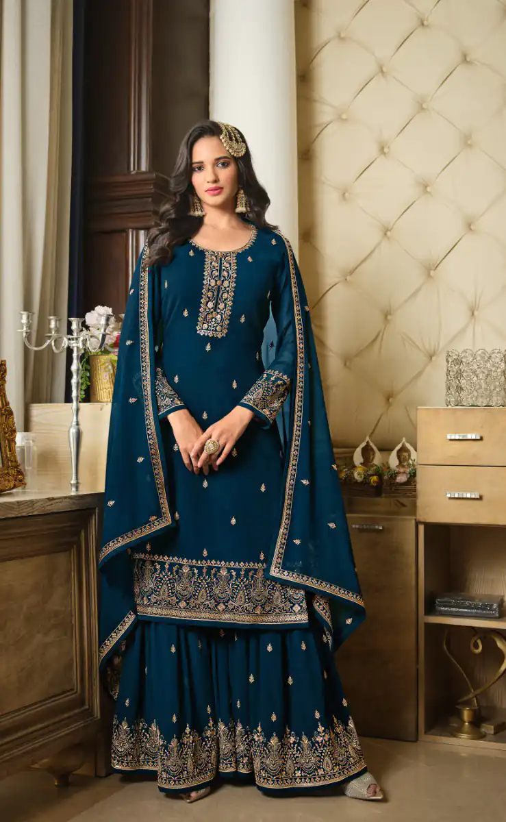 DS LT 8301 Peacock Blue color Georgette Embroidery Sequence Work Sharara Suit Wedding, Festive, Events Etc. Expected Delivery 4-6 Working Days @2149/- | Casual Suits, Jump Suits, Creative suits, Designer Suits, Palazzo Suits, Party Wear Suits, Patiala Suits, Salwar suit, Straight Suits