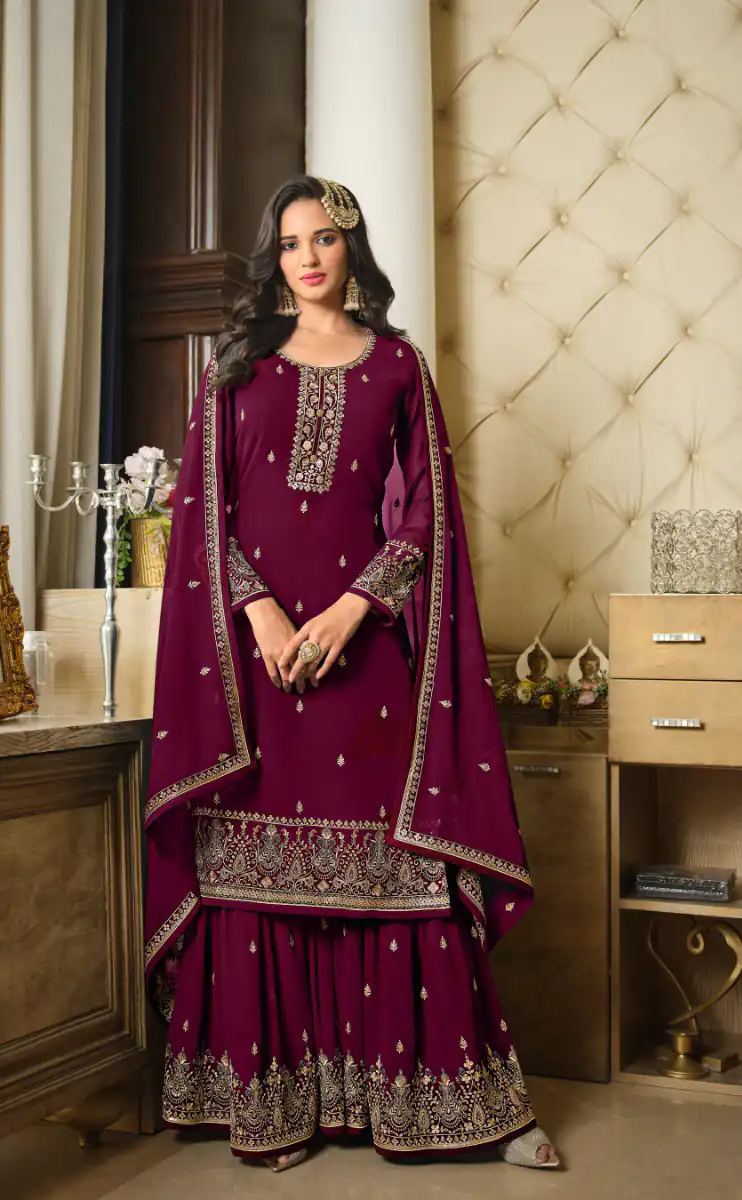 DS LT 8301 Purple color Georgette Embroidery Sequence Work Sharara Suit Wedding, Festive, Events Etc. Expected Delivery 4-6 Working Days @2149/- | Casual Suits, Jump Suits, Creative suits, Designer Suits, Palazzo Suits, Party Wear Suits, Patiala Suits, Salwar suit, Straight Suits
