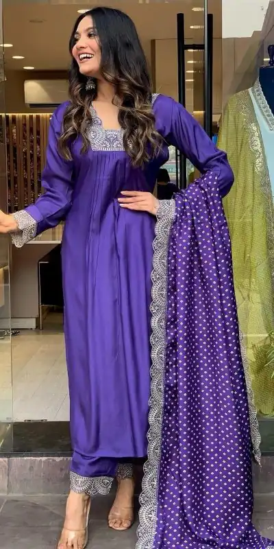 AD 148  Violet Color Heavy Modal Silk Embroidery work Kurti Casual, Wedding, Party, Festive, Events Etc. Expected Delivery 4-6 Working Days @1899/- | Bollywood Kurti, Creative Kurtis, Designer Kurti, Kurti, Party Wear Kurti, Selfie Kurti