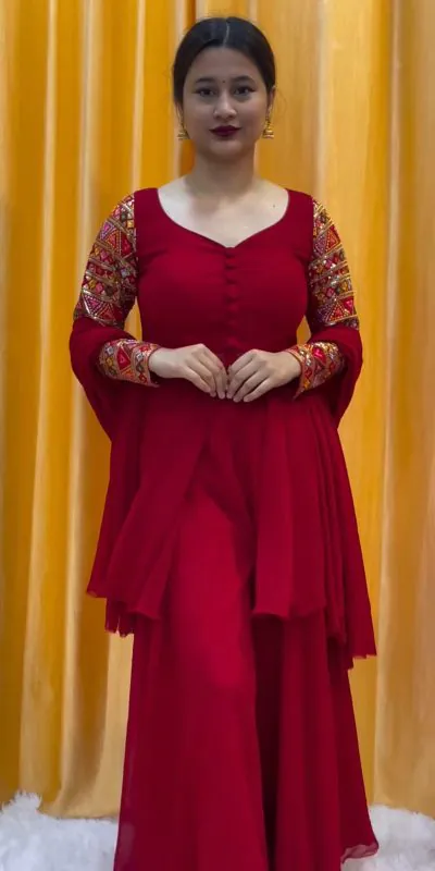 RTC 5666 Red Color Faux Georgette thread Sequence Work Sharara Suit Casual, Wedding, Party, Festive, Events Etc. Expected Delivery 4-6 Working Days @1999/- | Jump Suits, Casual Suits, Creative suits, Designer Suits, Palazzo Suits, Party Wear Suits, Patiala Suits, Salwar suit, Straight Suits