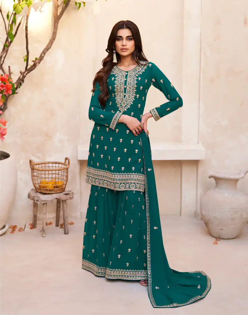 Fc Zohara 9758 Green Top : Georgette Work : Heavy Embroidery Designer Work Bottom : Santoon Wedding, Party, Festive @3249/- | Jump Suits, Casual Suits, Creative suits, Designer Suits, Palazzo Suits, Party Wear Suits, Patiala Suits, Salwar suit, Straight Suits