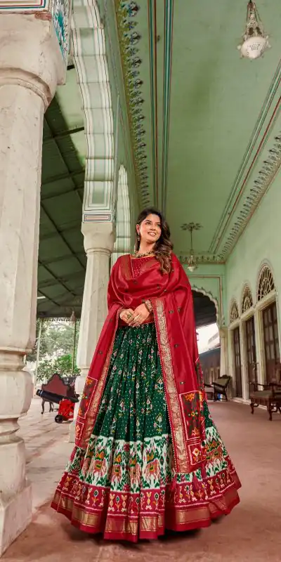 LNB1691 Green Color Tussar Silk Patola Foil Printed Lehenga Choli Festive, Party, Wedding, Events etc. Expected Delivery 4-6 Working Days @2199/- | Bollywood Lehenga, Creative Lehenga, Designer Lehenga, Embroidered Lehenga, Lehenga, Party Wear Lehenga