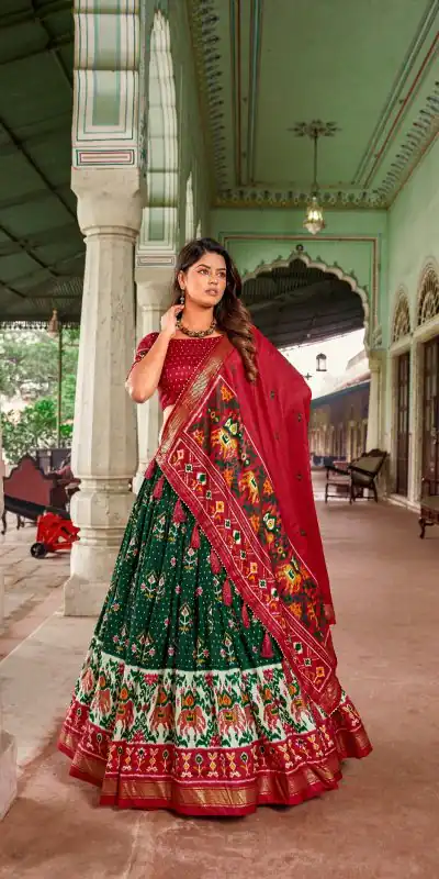 LNB1691 Green Color Tussar Silk Patola Foil Printed Lehenga Choli Festive, Party, Wedding, Events etc. Expected Delivery 4-6 Working Days @2199/- | Bollywood Lehenga, Creative Lehenga, Designer Lehenga, Embroidered Lehenga, Lehenga, Party Wear Lehenga
