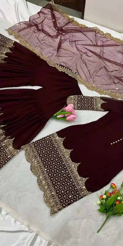 ZF 250 Maroon Color Faux Georgette Embroidery Sequence Work Sharara Suit Wedding, Party, Festive, Events Etc. Expected Delivery 4-6 Working Days @1999/- | Jump Suits, Casual Suits, Creative suits, Designer Suits, Palazzo Suits, Party Wear Suits, Patiala Suits, Salwar suit, Straight Suits