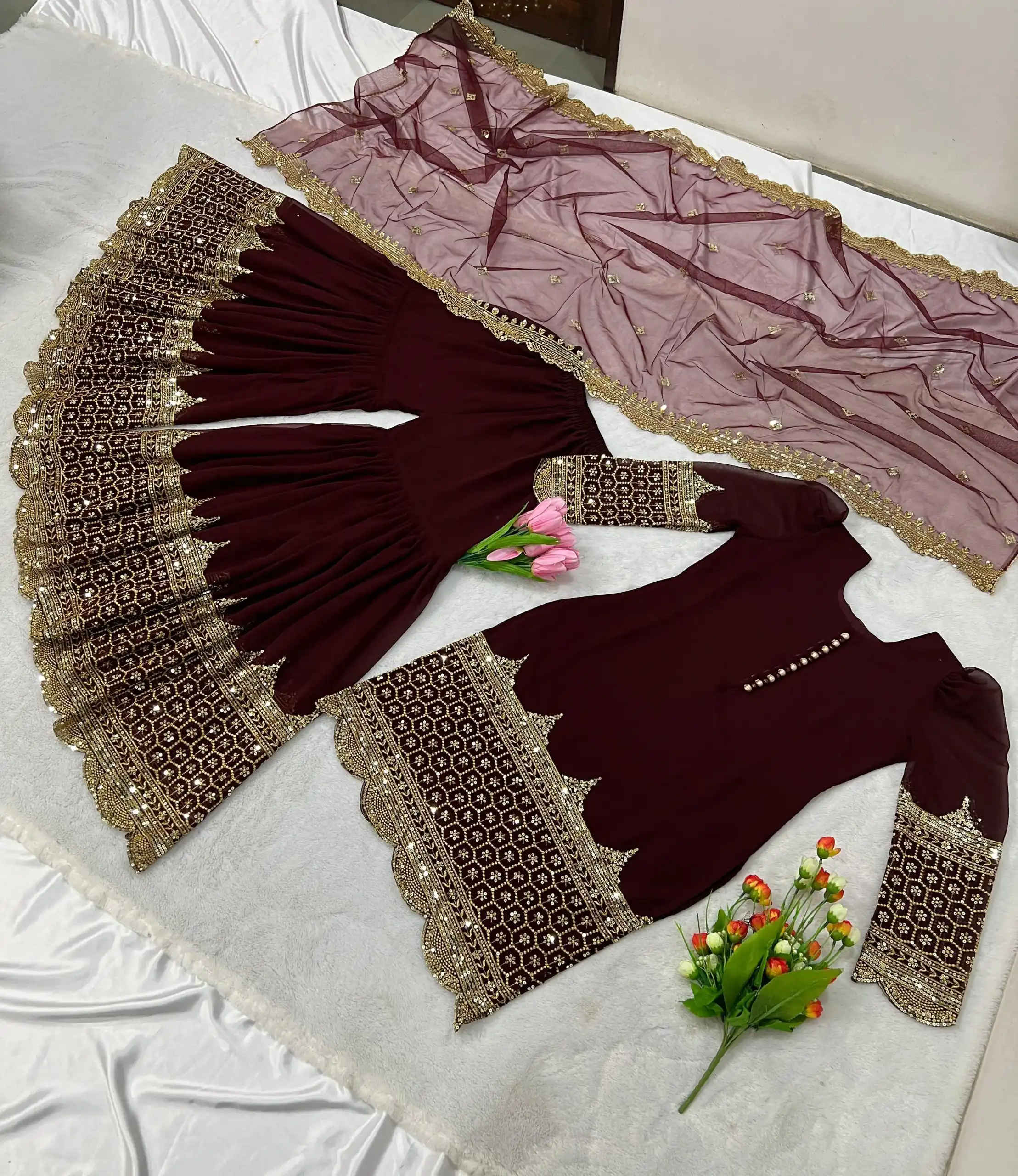 ZF 250 Maroon Color Faux Georgette Embroidery Sequence Work Sharara Suit Wedding, Party, Festive, Events Etc. Expected Delivery 4-6 Working Days @1999/- | Jump Suits, Casual Suits, Creative suits, Designer Suits, Palazzo Suits, Party Wear Suits, Patiala Suits, Salwar suit, Straight Suits