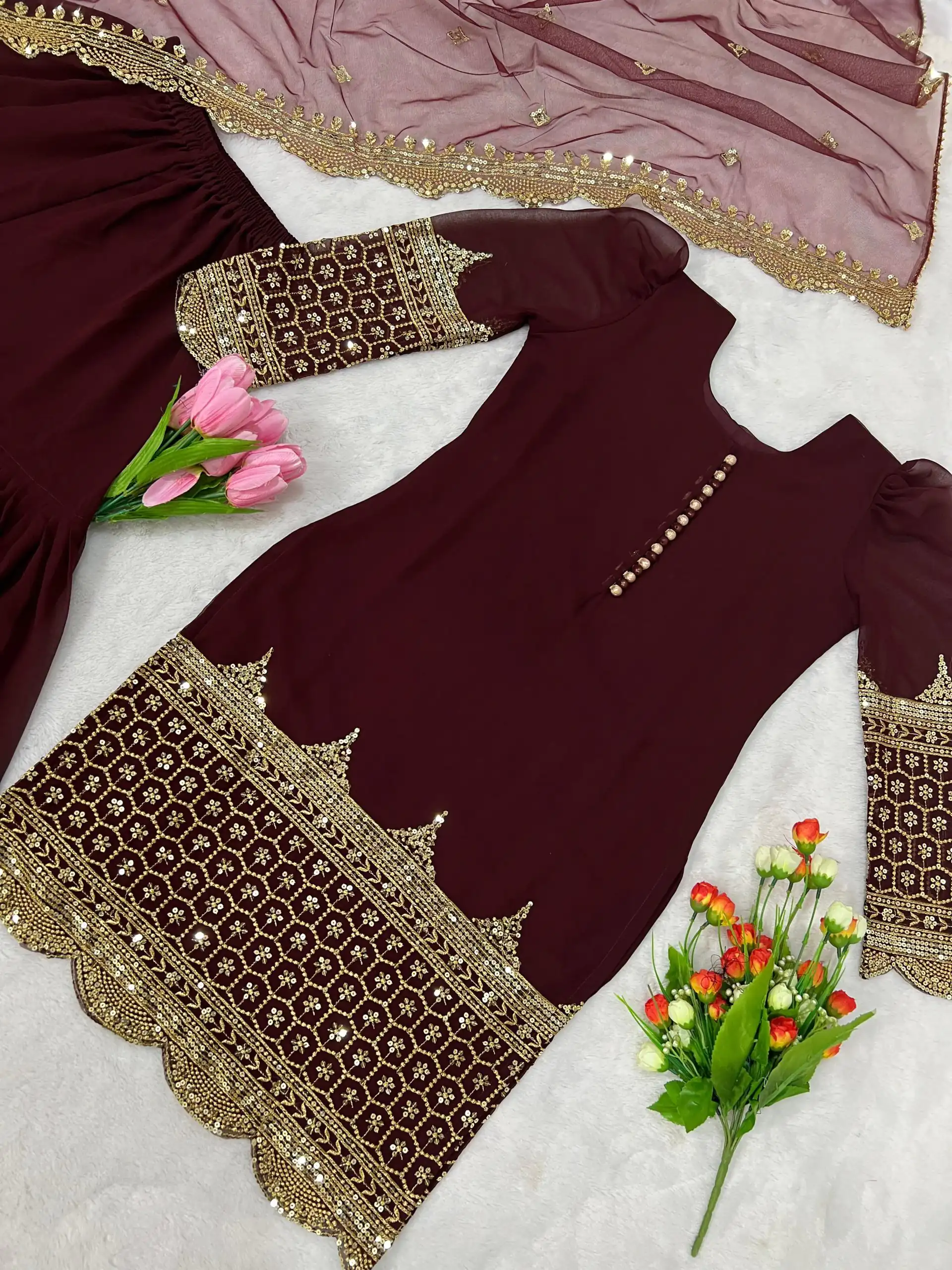 ZF 250 Maroon Color Faux Georgette Embroidery Sequence Work Sharara Suit Wedding, Party, Festive, Events Etc. Expected Delivery 4-6 Working Days @1999/- | Jump Suits, Casual Suits, Creative suits, Designer Suits, Palazzo Suits, Party Wear Suits, Patiala Suits, Salwar suit, Straight Suits