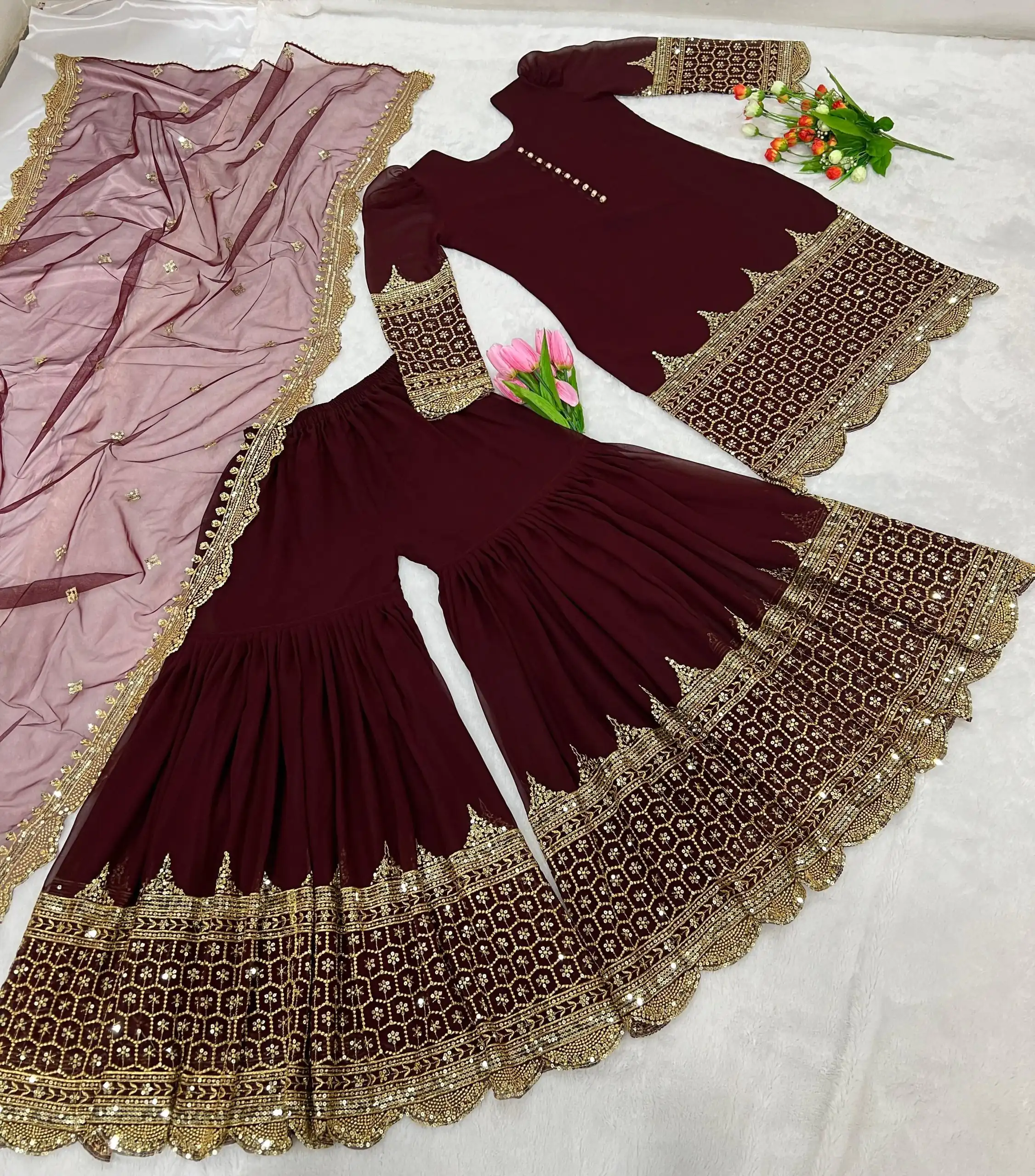 ZF 250 Maroon Color Faux Georgette Embroidery Sequence Work Sharara Suit Wedding, Party, Festive, Events Etc. Expected Delivery 4-6 Working Days @1999/- | Jump Suits, Casual Suits, Creative suits, Designer Suits, Palazzo Suits, Party Wear Suits, Patiala Suits, Salwar suit, Straight Suits
