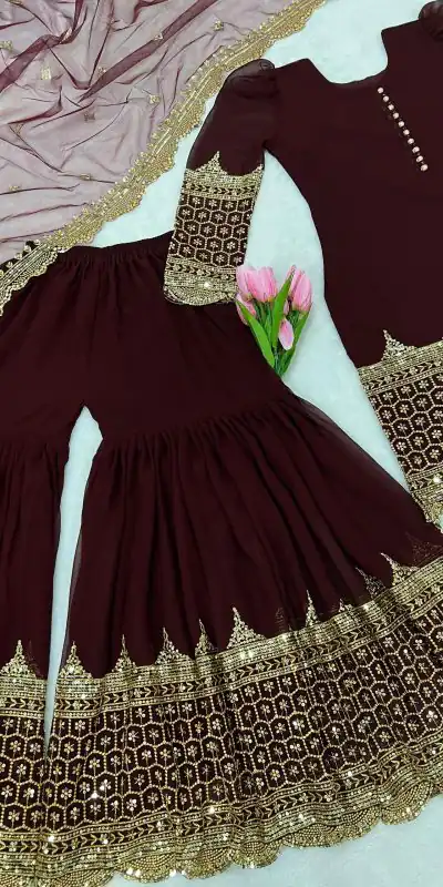 ZF 250 Maroon Color Faux Georgette Embroidery Sequence Work Sharara Suit Wedding, Party, Festive, Events Etc. Expected Delivery 4-6 Working Days @1999/- | Jump Suits, Casual Suits, Creative suits, Designer Suits, Palazzo Suits, Party Wear Suits, Patiala Suits, Salwar suit, Straight Suits
