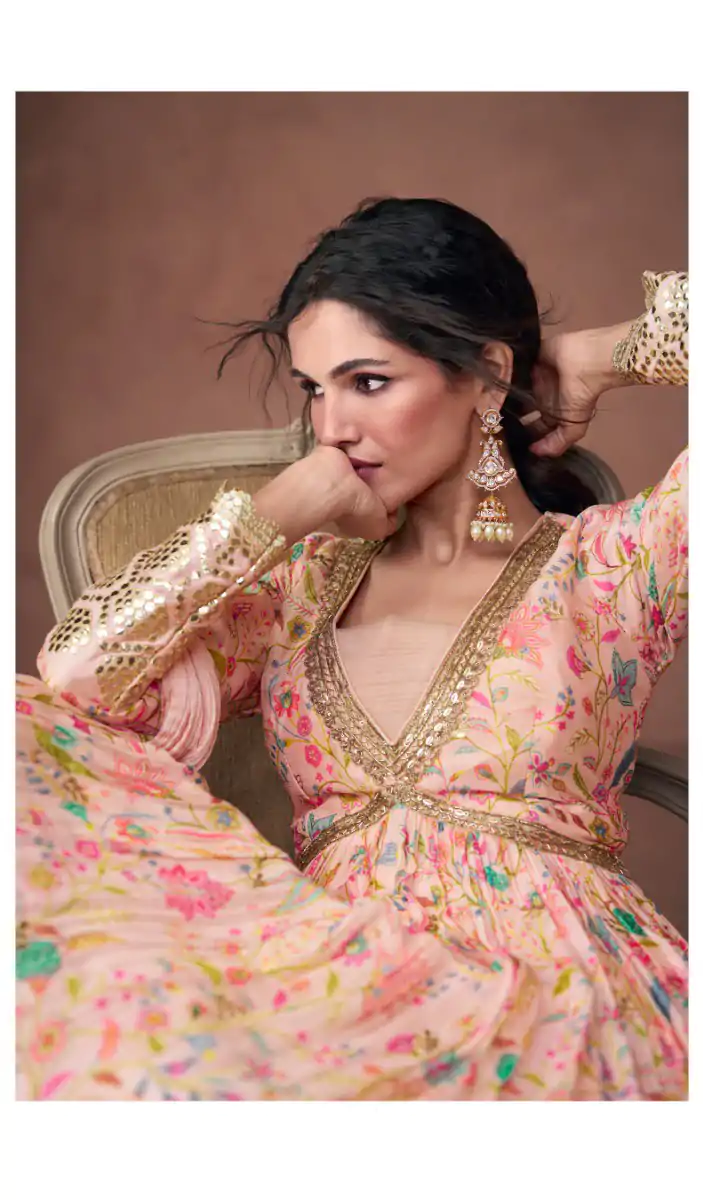 FC 5302 Pink Gown Premium Organza Print Silk with Emb.Work : Embroidery And Sequence Work Classic Anarkali Suit Wedding, Party, Festive @2499/- Only | Anarkali Suits, Bollywood Anarkali, Creative-Anarkali, Designer Anarkali, Embroidered Anarkali, Party Wear Anarkali