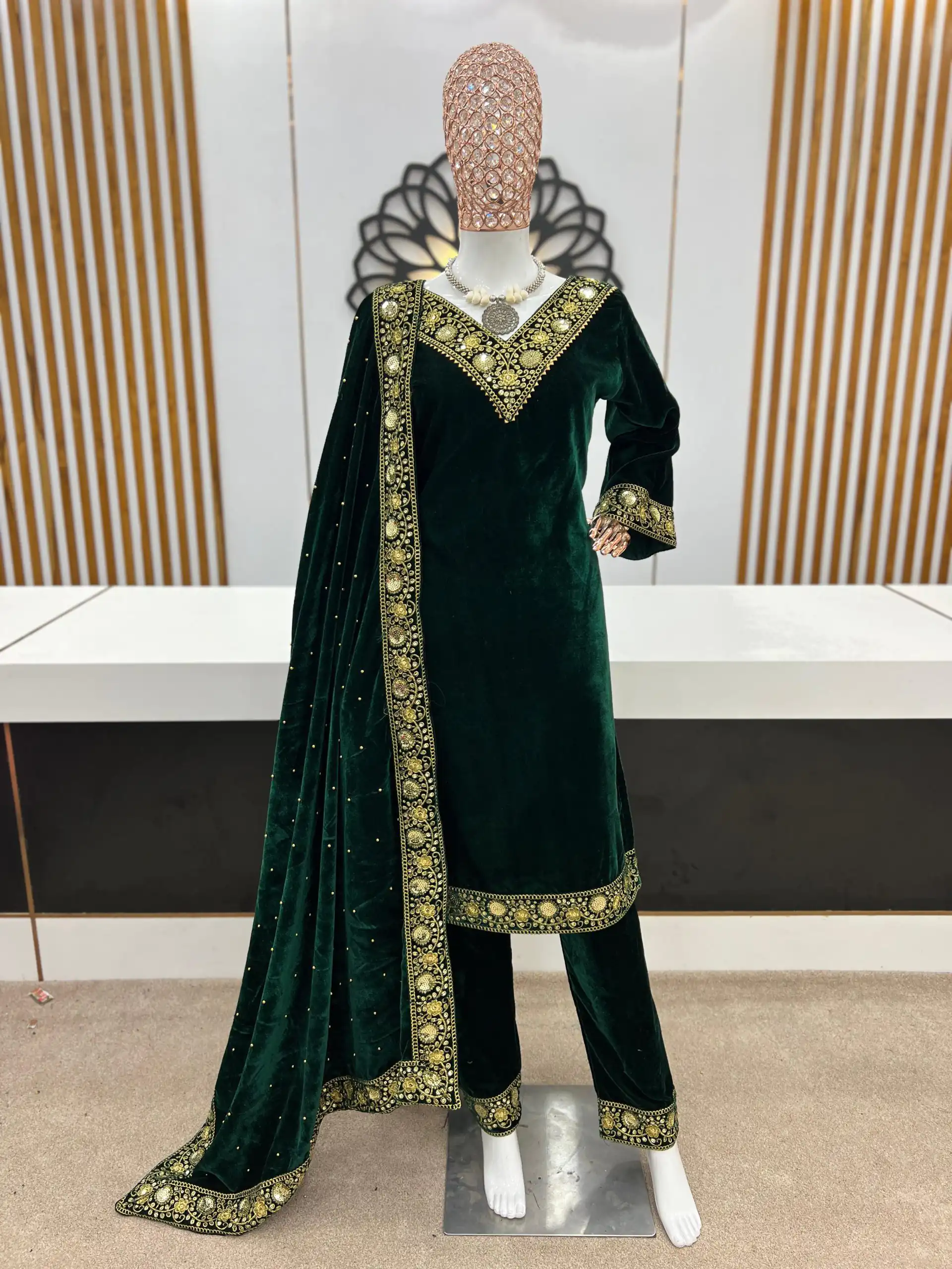NSR 780 Green Color Gown Viscose Velvet with Embroidery Sequence Work Inner : Micro Cotton Traditional Wear, Wedding, Festive, Events. @2149/- | Casual Suits, Creative suits, Designer Suits, Palazzo Suits, Party Wear Suits, Salwar suit, Straight Suits