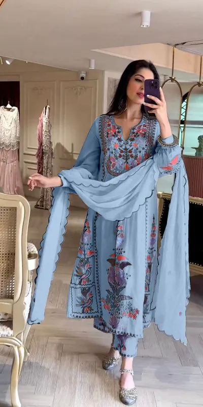 AD118 Blue Color Georgette Embroidery Work Salwar Suit Casual, Wedding, Festive, Events Etc. Expected Delivery 4-6 Working Days @1950/- | Jump Suits, Casual Suits, Creative suits, Designer Suits, Palazzo Suits, Party Wear Suits, Salwar suit, Straight Suits