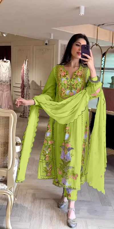 AD 118 Green Color Georgette Embroidery Work Salwar Suit Casual, Wedding, Festive, Events Etc. Expected Delivery  4-6 Working Days @1950/- | Jump Suits, Casual Suits, Creative suits, Designer Suits, Palazzo Suits, Party Wear Suits, Salwar suit, Straight Suits